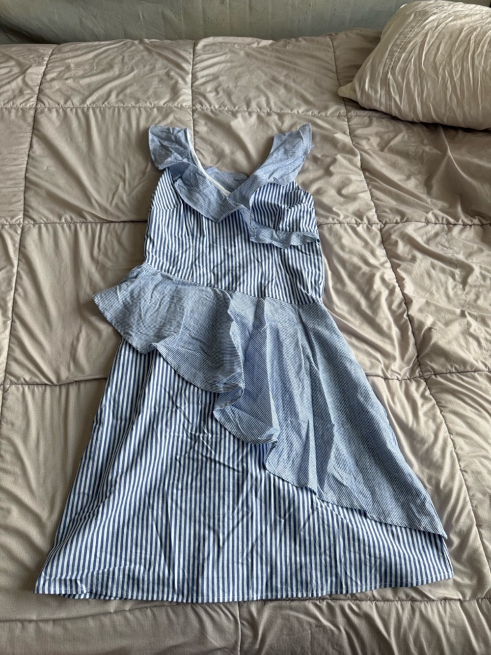 Collective Concepts Blue and White Striped Asymmetrical Ruffle Dress